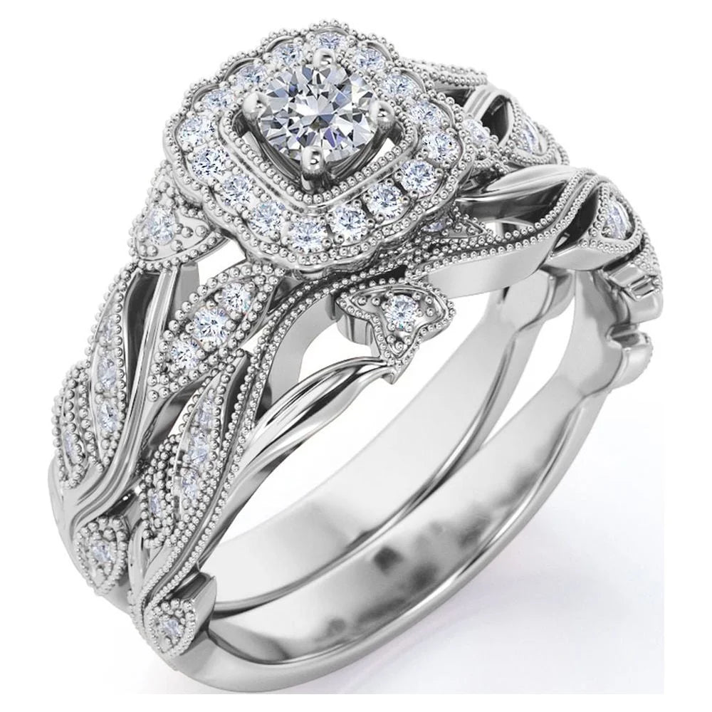 Antique - round Diamond - Edwardian Diamond Filigree Ring - Art Deco Style - Wedding Ring Set in 10K White Gold