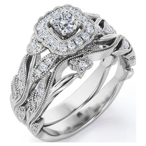 Antique - round Diamond - Edwardian Diamond Filigree Ring - Art Deco Style - Wedding Ring Set in 10K White Gold