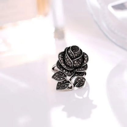 Retro Black Rose Flower Ring Marcasite Stones Paved Silver ring size 6 - 10