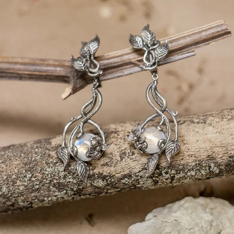 Delicate Floral Moonstone Earrings Elf Style Long Dangle Earrings Women Party Dresses Accessories Jewelry