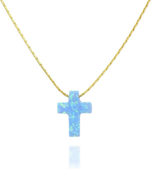 Opal Cross Choker Necklace – Thin Chain, Gold Filled or Silver, Blue or White, 13.5–16.5”