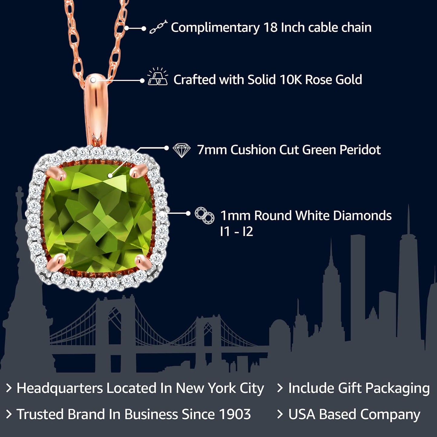 10K Rose Gold Gemstone Birthstone and White Diamond Halo Pendant Necklace | Cushion Cut 7MM | Rose Gold Necklace for Women | with 18 Inch Chain