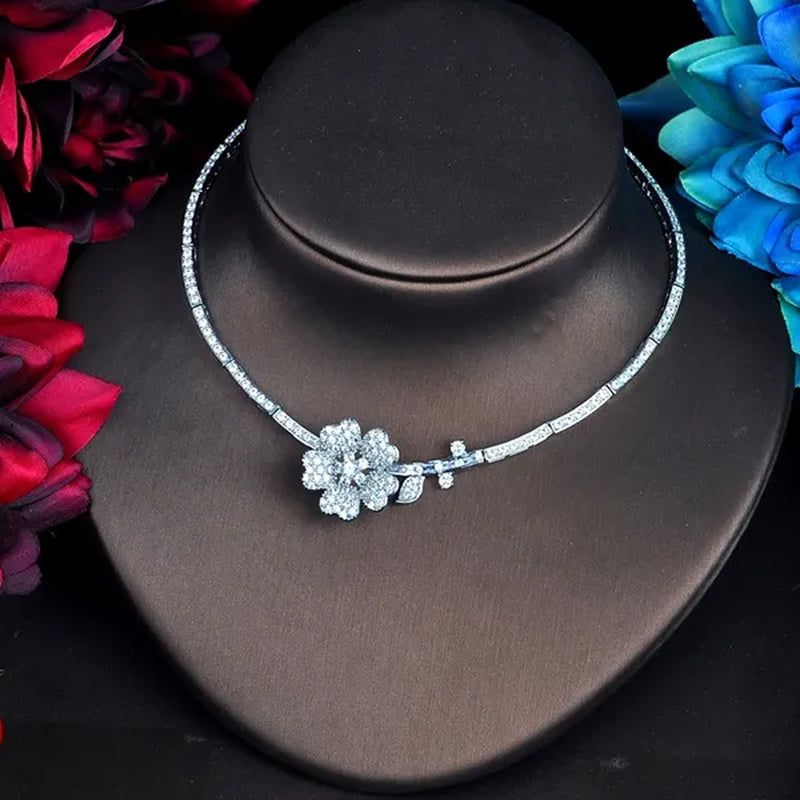 CANDICE Romantic 3D Flower Design Full Micro Pave Tiny CZ and Yellow 18K White Gold Plated Choker Necklace Earrings Set for Women Stylish Prom Party Jewelry