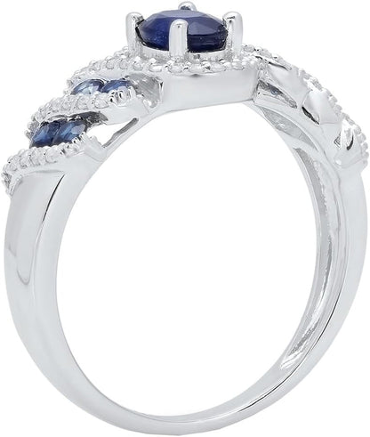 6X4 MM Oval & round Cut Blue Sapphire and round Diamond Ladies Engagement Ring, Sterling Silver