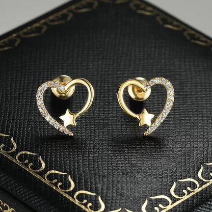 14K Gold Love Heart Star White Zircon Stud Earrings for Women Wedding Engagement Bride Jewelry Gift