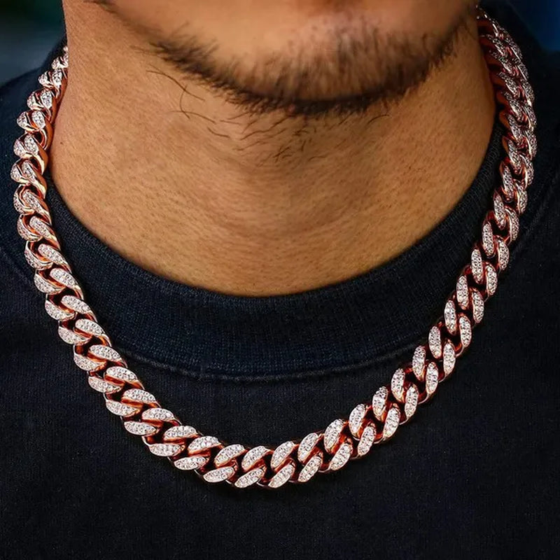 Fashion Gold / Silver Plated Solid Stainless Steel Iced Out Diamond Bracelet Thick Miami Cuban Link Chain Necklace Hip Hop Jewelry