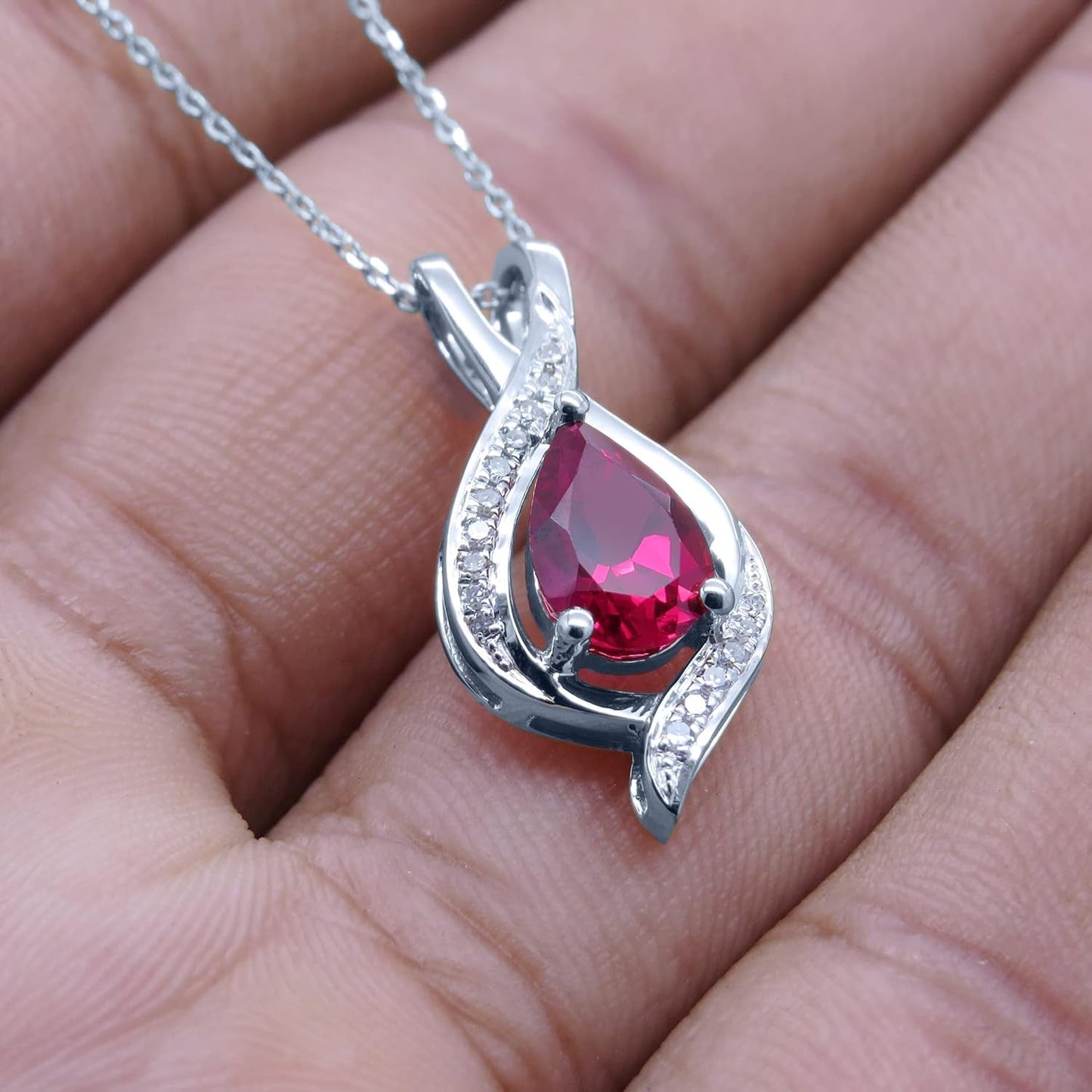 9X6 Mm Pear Lab Created Gemstone & round White Diamond Swirl Teardrop Pendant with 18 Inch Chain for Women in Gold