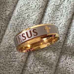 High quality large size 8mm 316 Titanium Steel 18K silver gold plated jesus cross Letter bible wedding band ring men women