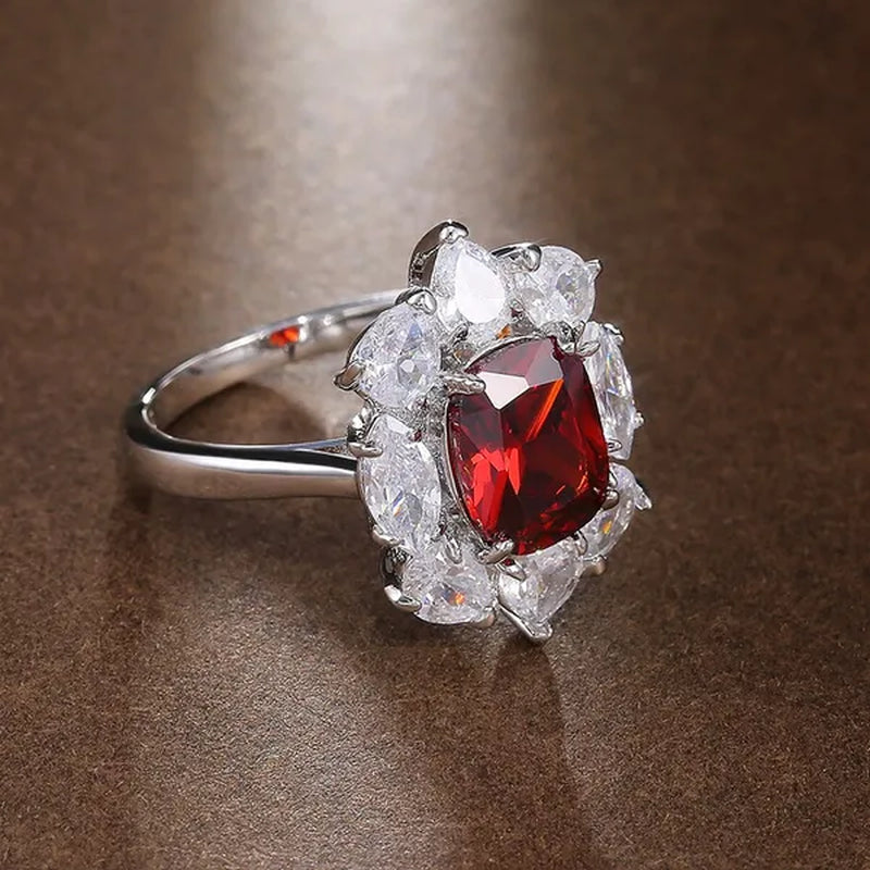 Luxury 925 Sterling Silver Natural Ruby Diamond Ring Bridal Wedding Engagement Fine Jewelry Size 6-10
