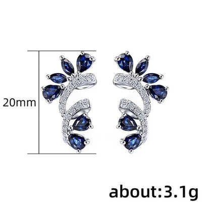 Trendy Women Climbing Earrings Cubic Zirconia Blue Sapphire Earrings Bridal Wedding Flower Earrings Valentine'S Day Gift