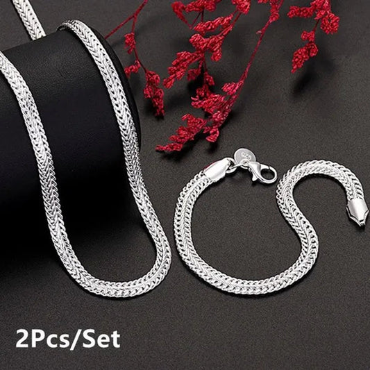 2Pcs 925 Sterling Silver Flat Snake Bone Chain Necklace Bracelet for Man Women Fashion Punk Charm Jewelry Set