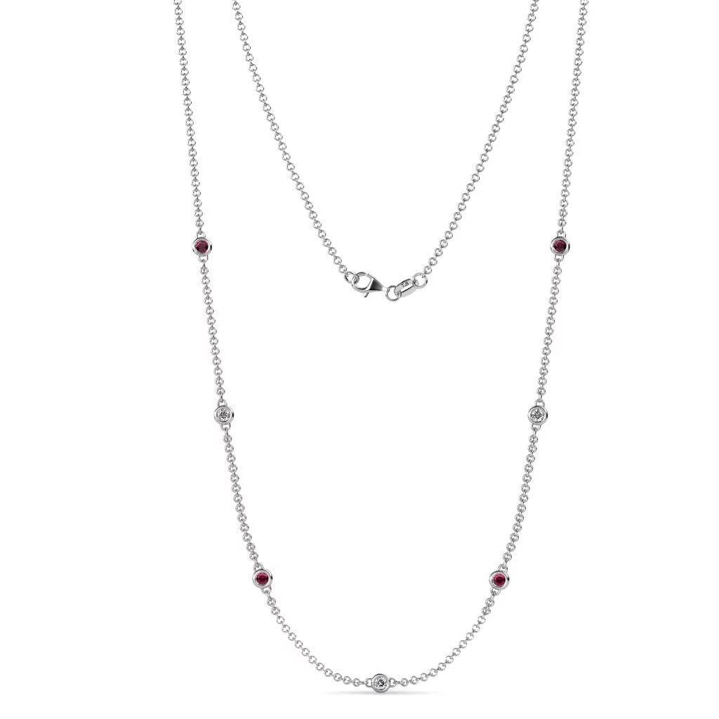 Holiday Offer - 7 Stone Petite Ruby and Lab Grown Diamond Womens Station Necklace (VS2-SI1,G-H) 0.47 Ctw 14K White Gold