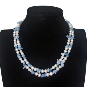Handmade Beautiful 2Strands Blue Green Stone Peridot 7-8Mm White Freshwater Cultured Pearl Necklace Long 43-45Cm