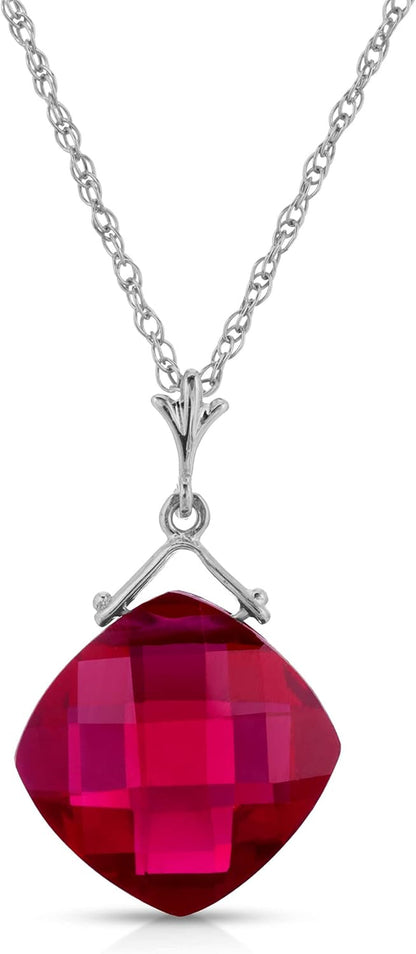 14K Solid White Gold Necklace with Lab. Grown Cushion Shape Briolette Checkerboard Cut Ruby Grade AAA