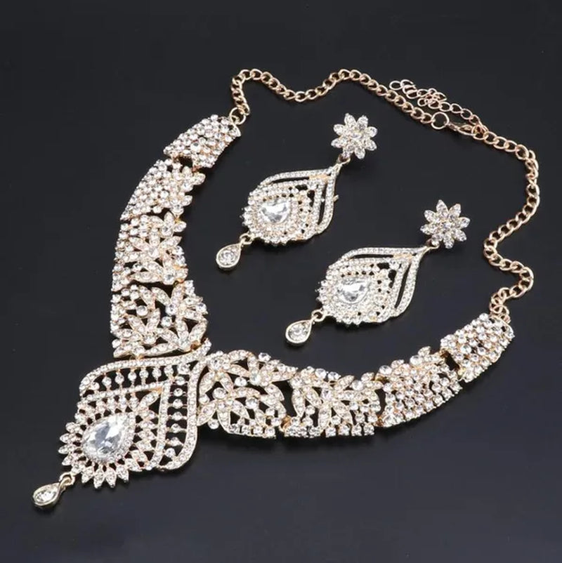 Luxury Women's Elegant Austrian Crystal Statement Necklace Earrings Bridal Party Jewelry Set For Wedding Dress