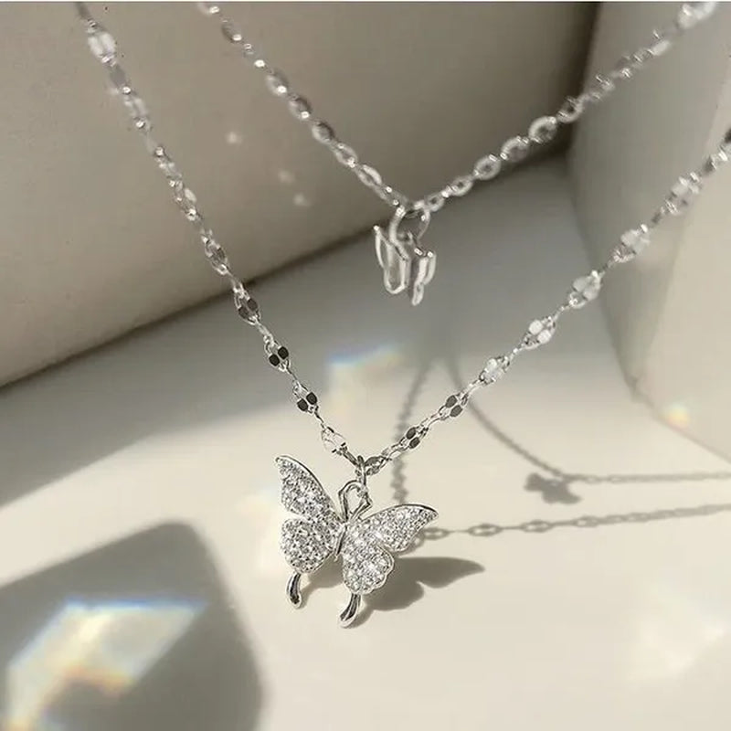 Delicate and Creative Women's Zircon Necklace Butterfly Necklace Double Layer Necklace Women's Geometric Necklace Butterfly Necklace Fashion Women's Jewelry Accessories Festival Wedding Engagement Valentine's Day Anniversary Gift Christmas Gift Jewelry