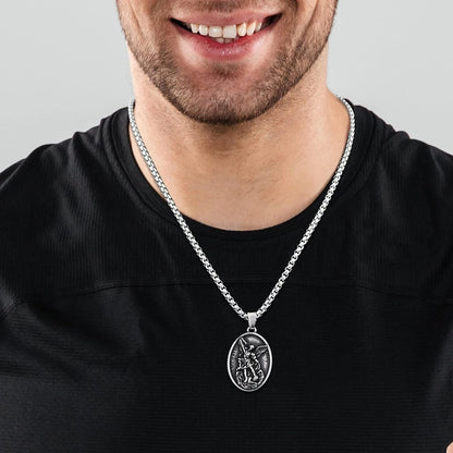 St Michael Necklace for Men, Archangel Saint Michael Pendant Medal in Stainless Steel