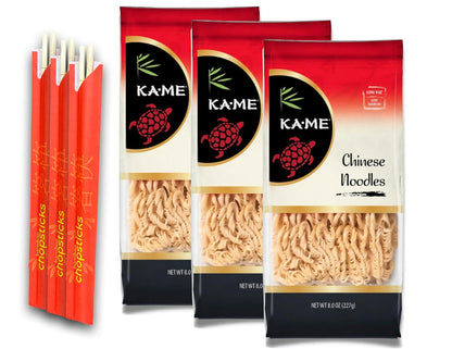 KA-ME Chinese Noodles, Low Fat, Low Sodium, 8Oz Pouches (3 Pack) | Bundled with  Bamboo Chopsticks -Perfect for Quick, Authentic, and Delicious Meals