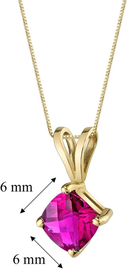 Solid 14K Yellow Gold Created Red Ruby Pendant for Women, Classic Solitaire, Cushion Cut, 6Mm, 1 Carat Total