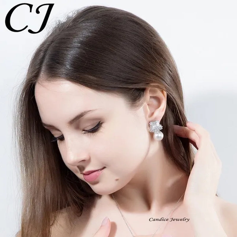 CANDICE Unique Rose Gold Plated Clear Cubic Zircon Snowflake Stud Earring with White Big Shell Pearl Brincos for Woman Christmas Gift