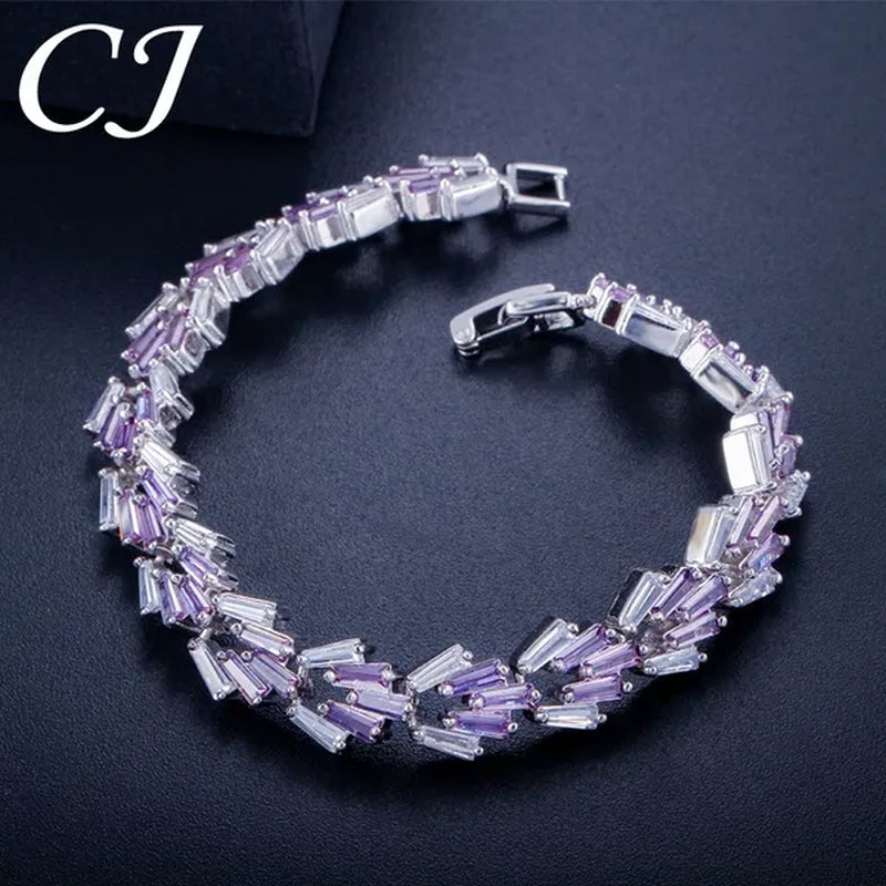 CANDICE New Trendy Sterling Silver Hand Bangle Jewelry Noble Rectangle Purple Crystal Women Tennis Bracelets With White Zirconia