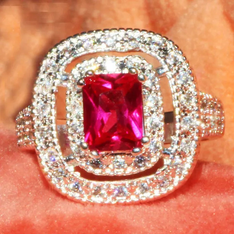 Princess  Silver Natural Ruby Gemstones Birthstone Bride Wedding Engagement Strange Ring Size 6 7 8 9 10