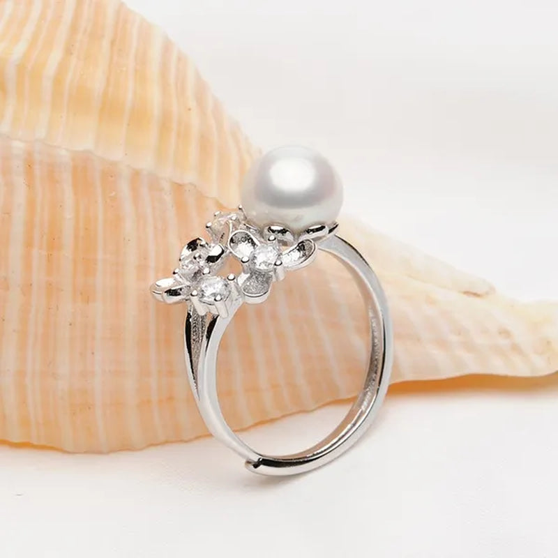 Flower 925 Sterling Silver White Natural Freshwater Cultured Pearl Ring for Women'S Fine Jewelry