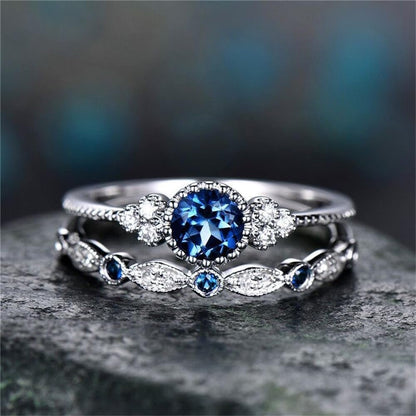 Fashion 2PCS 925 Sterling Silver Natural Sapphire Ring round Cut Cubic Zirconia Promise Rings CZ Classical Eternity Engagement Wedding Band Ring Set for Women (US Code 8)