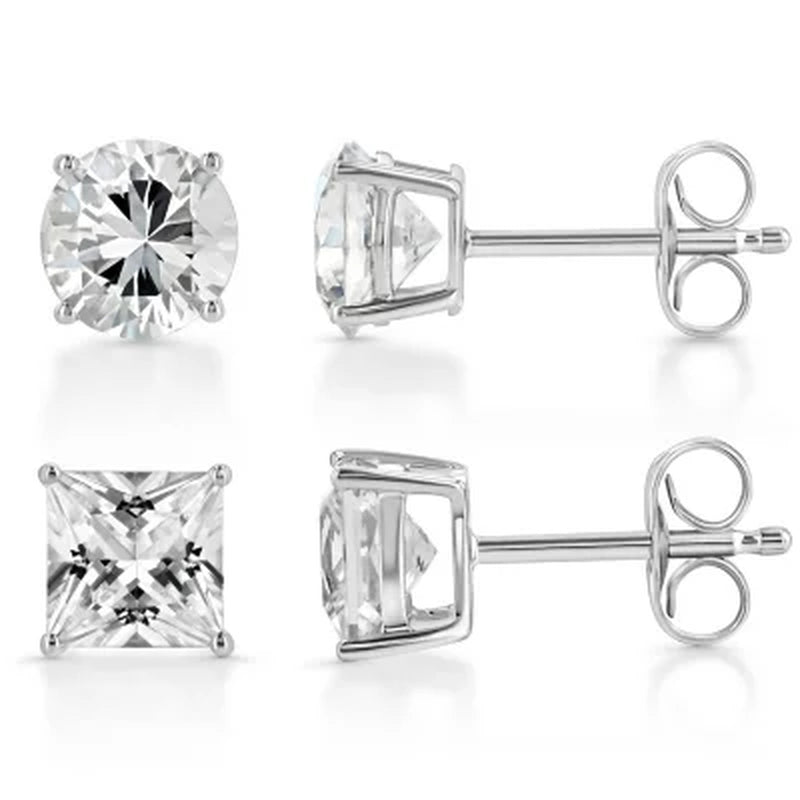 14K Gold Lab Created Gemstone Boxed Earring Set in Two Shapes, Princess and Round