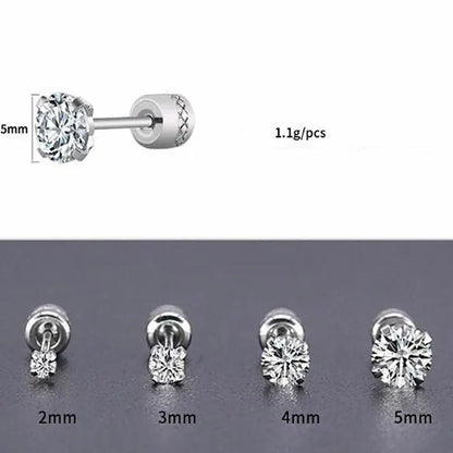 1Pc/1Pairs Silver Plated Cubic Zirconia Stud Earrings for Women Men Stainless Steel Jewelry Size: 2 - 6Mm - WORLD TIME VISITS