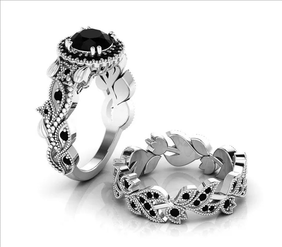 2 Pieces/set of Exquisite Fashion Ideas 14K Rose Gold Ring Black Diamond Ring Flower Vine Ladies Ring Jewelry Promise Wedding Ring Princess Proposal Ring Anniversary Gift (size: 5 - 11) - WORLD TIME VISITS