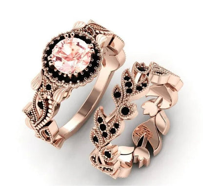 2 Pieces/set of Exquisite Fashion Ideas 14K Rose Gold Ring Black Diamond Ring Flower Vine Ladies Ring Jewelry Promise Wedding Ring Princess Proposal Ring Anniversary Gift (size: 5 - 11) - WORLD TIME VISITS