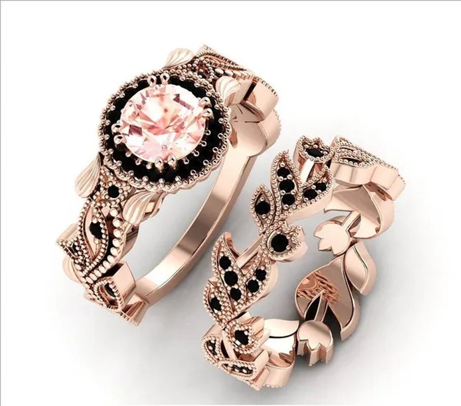 2 Pieces/set of Exquisite Fashion Ideas 14K Rose Gold Ring Black Diamond Ring Flower Vine Ladies Ring Jewelry Promise Wedding Ring Princess Proposal Ring Anniversary Gift (size: 5 - 11) - WORLD TIME VISITS