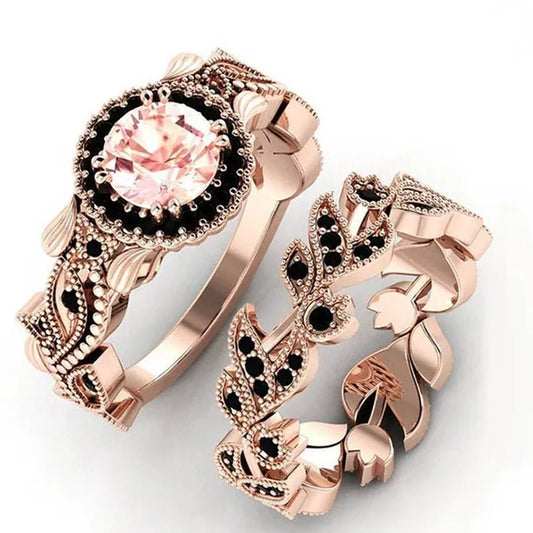 2 Pieces/set of Exquisite Fashion Ideas flowers Ring Black Zircon Ring Flower Vine Ladies Ring Jewelry Wedding Ring Princess Proposal Ring Anniversary Gift (size: 5 - 11) - WORLD TIME VISITS