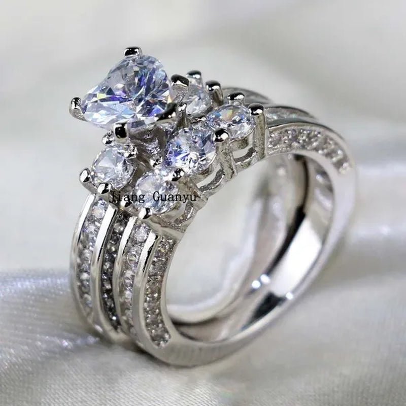 2020 Romantic Couple Jewelry Men's 316 Stainless Steel Double Row Zircon Ring And Ladies Heart Ring Set Couple Ring Bride Wedding Engagement Jewelry(Include: man ring or woman ring) - WORLD TIME VISITS