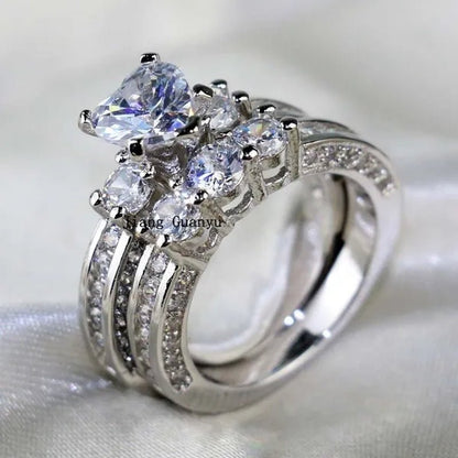 2020 Romantic Couple Jewelry Men's 316 Stainless Steel Double Row Zircon Ring And Ladies Heart Ring Set Couple Ring Bride Wedding Engagement Jewelry(Include: man ring or woman ring) - WORLD TIME VISITS