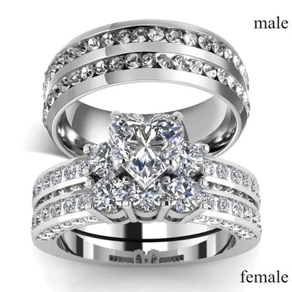 2020 Romantic Couple Jewelry Men's 316 Stainless Steel Double Row Zircon Ring And Ladies Heart Ring Set Couple Ring Bride Wedding Engagement Jewelry(Include: man ring or woman ring) - WORLD TIME VISITS