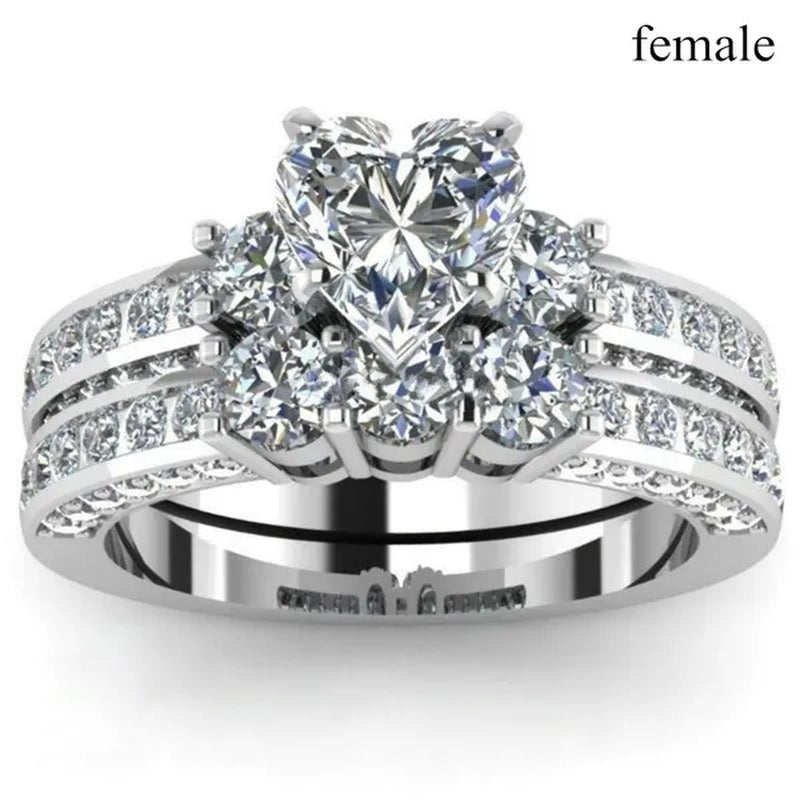 2020 Romantic Couple Jewelry Men's 316 Stainless Steel Double Row Zircon Ring And Ladies Heart Ring Set Couple Ring Bride Wedding Engagement Jewelry(Include: man ring or woman ring) - WORLD TIME VISITS