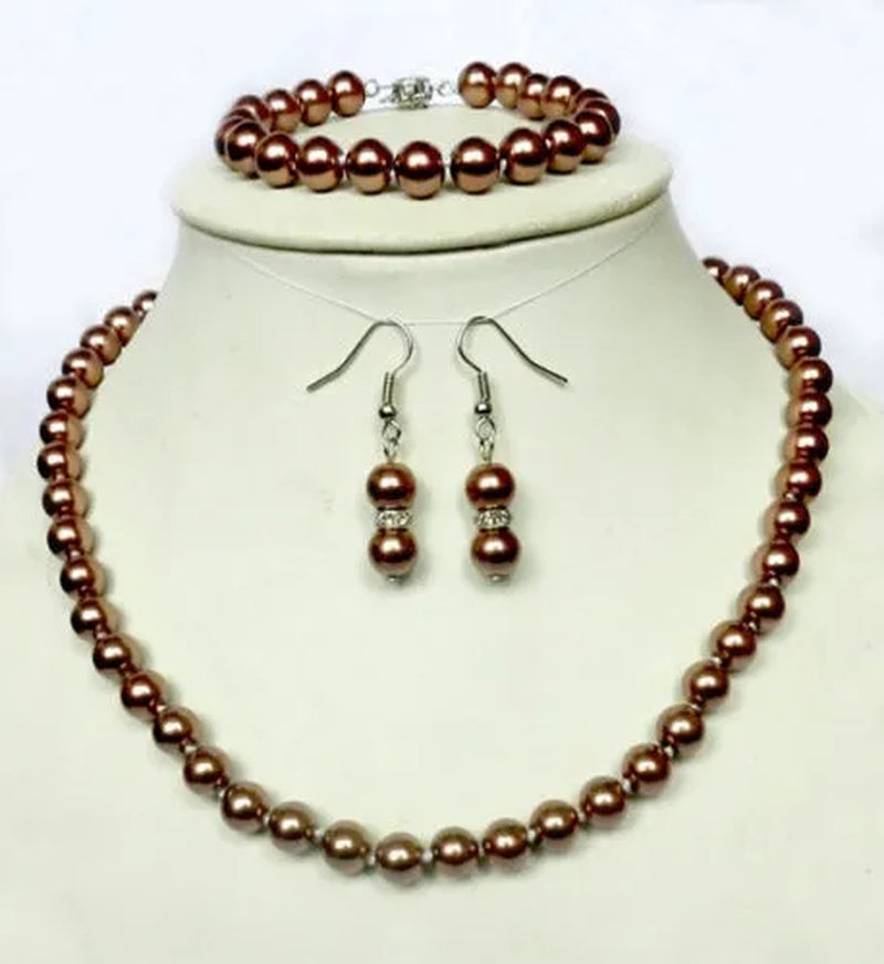 Hot sales 8mm white black brown color south sea shell pearl necklace bracelet earrings set handmade jewelry