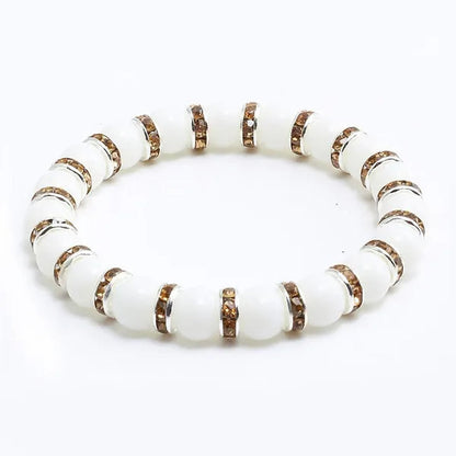 Natural Stone Pink Crystal Quartz &White Porcelain Rhinestones Bracelets & Bangles Charm Powder Beads Strand Bracelet Love Gifts for Women Men Casual Jewelry