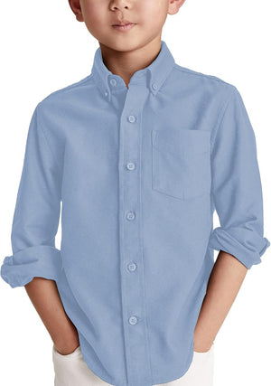 Boys' Long Sleeve Dress Shirts Classic Collared Button-Down Tshirt Solid Cotton Top with Chest Pocket