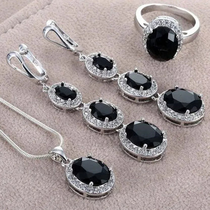 3Pcs/Set Women 925 Silver Plated Black Sapphire Ring Earrings Necklace Jewelry Set (Choice Color and Size)