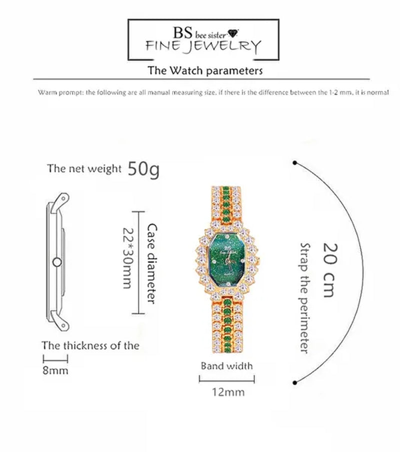 BS Brand Fashion Watches Women Ladies Diamonds Small Bracelet Watch Green Stone Gold Waterproof Montre Femme