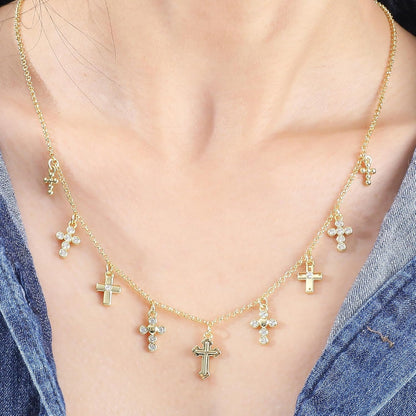 Gold Charm Necklace for Women 14K Gold Plated Cute Cubic Zirconia Rainbow Flower North Star Love Heart Cross Pendant Necklace Adjustable Chain Trendy Party Jewelry Gift for Women