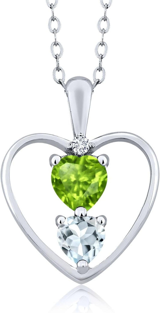 925 Sterling Silver Green Peridot Sky Blue Aquamarine and White Diamond Pendant Necklace for Women (0.67 Cttw, Gemstone August Birthstone, Heart 5MM and 4MM, with 18 Inch Silver Chain)
