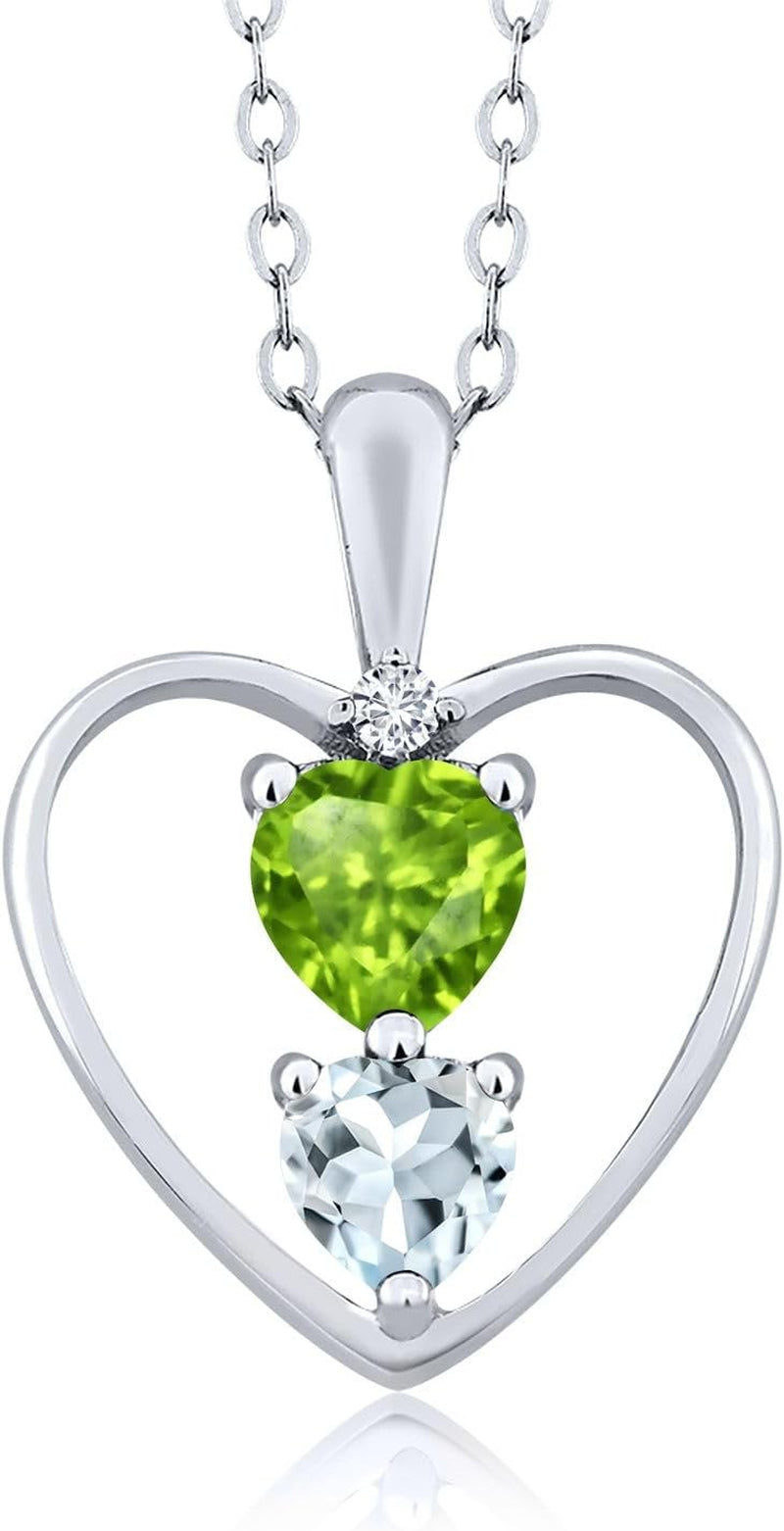 925 Sterling Silver Green Peridot Sky Blue Aquamarine and White Diamond Pendant Necklace for Women (0.67 Cttw, Heart 5MM and 4MM, with 18 Inch Silver Chain)