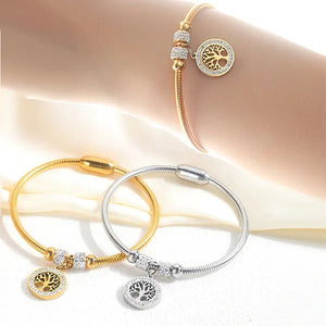 Gold Plated Tree of Life Bangle Bracelet Women Stainless Steel Family Tree Charm Bracelets with AAA Rhinestones & Magnetic Buckle
