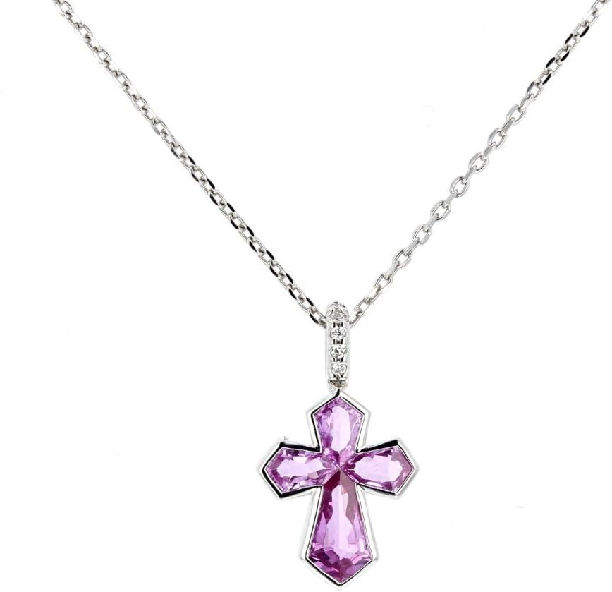 Cross Pendant, 18Kt White Gold Diamond & Pink Sapphire Cross