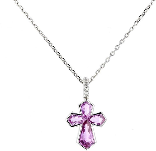 Cross Pendant, 18Kt White Gold Diamond & Pink Sapphire Cross