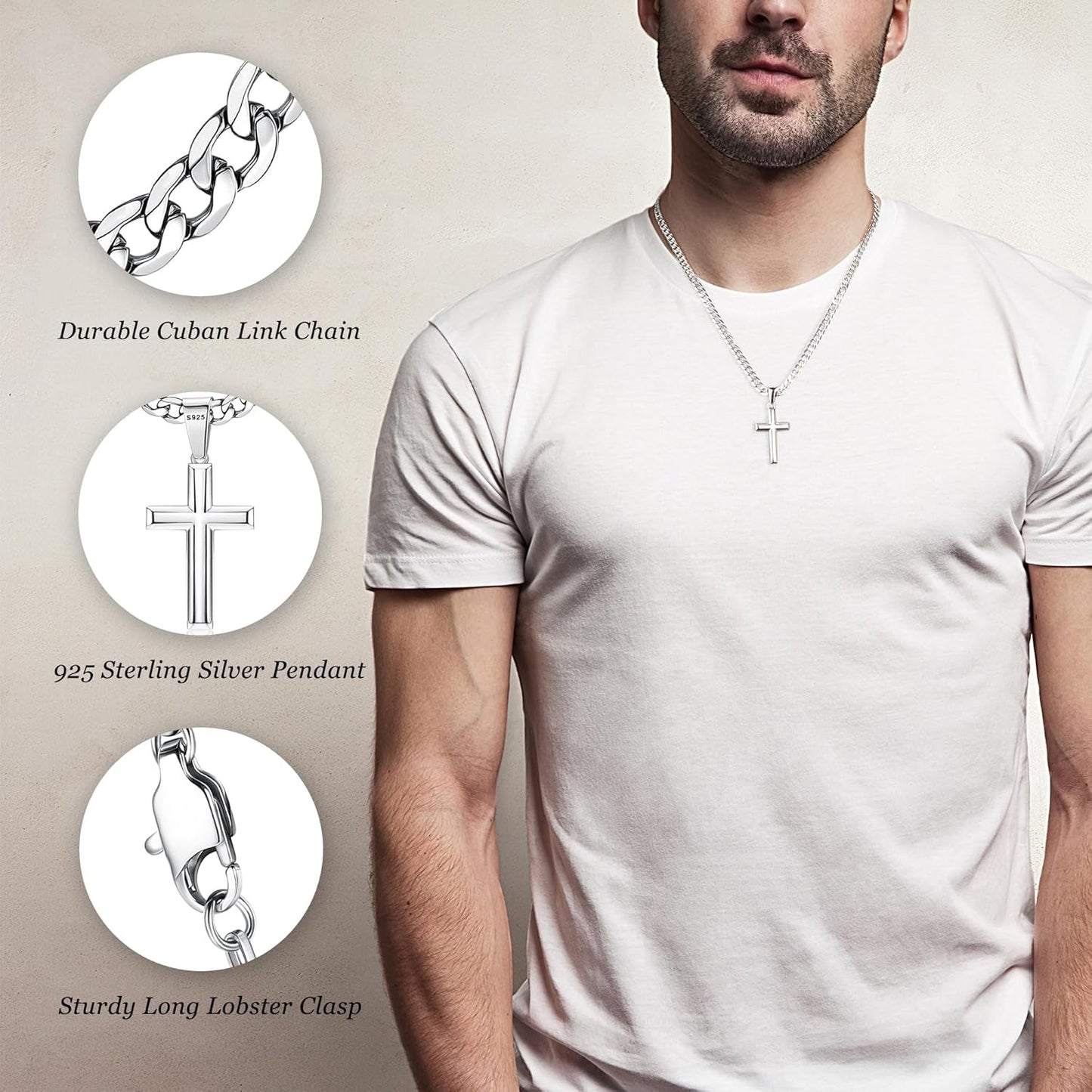 925 Sterling Silver Cross Necklace for Men Women | 5Mm 316L Stainless Steel Diamond-Cut Cuban Link Curb Chain, Beveled-Edge Religous Pendant Jewelry, 16-30'' Christian Baptism Gift